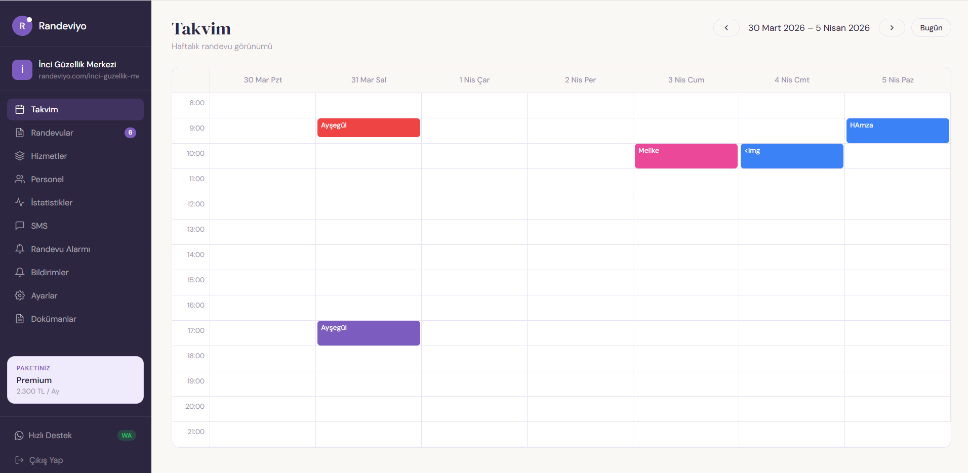 Randeviyo panel — takvim ve SMS yönetimi